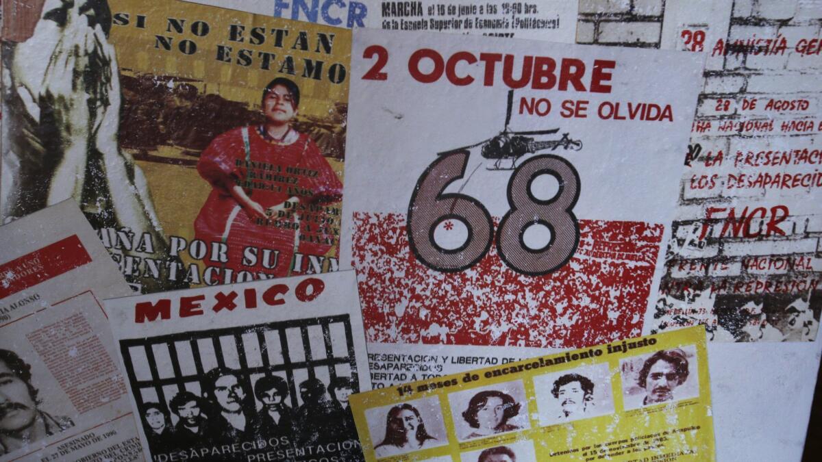 Political stickers and flyers at the Museum of the Indomitable Memory, which commemorates the 1968 Tlateloco plaza massacre.