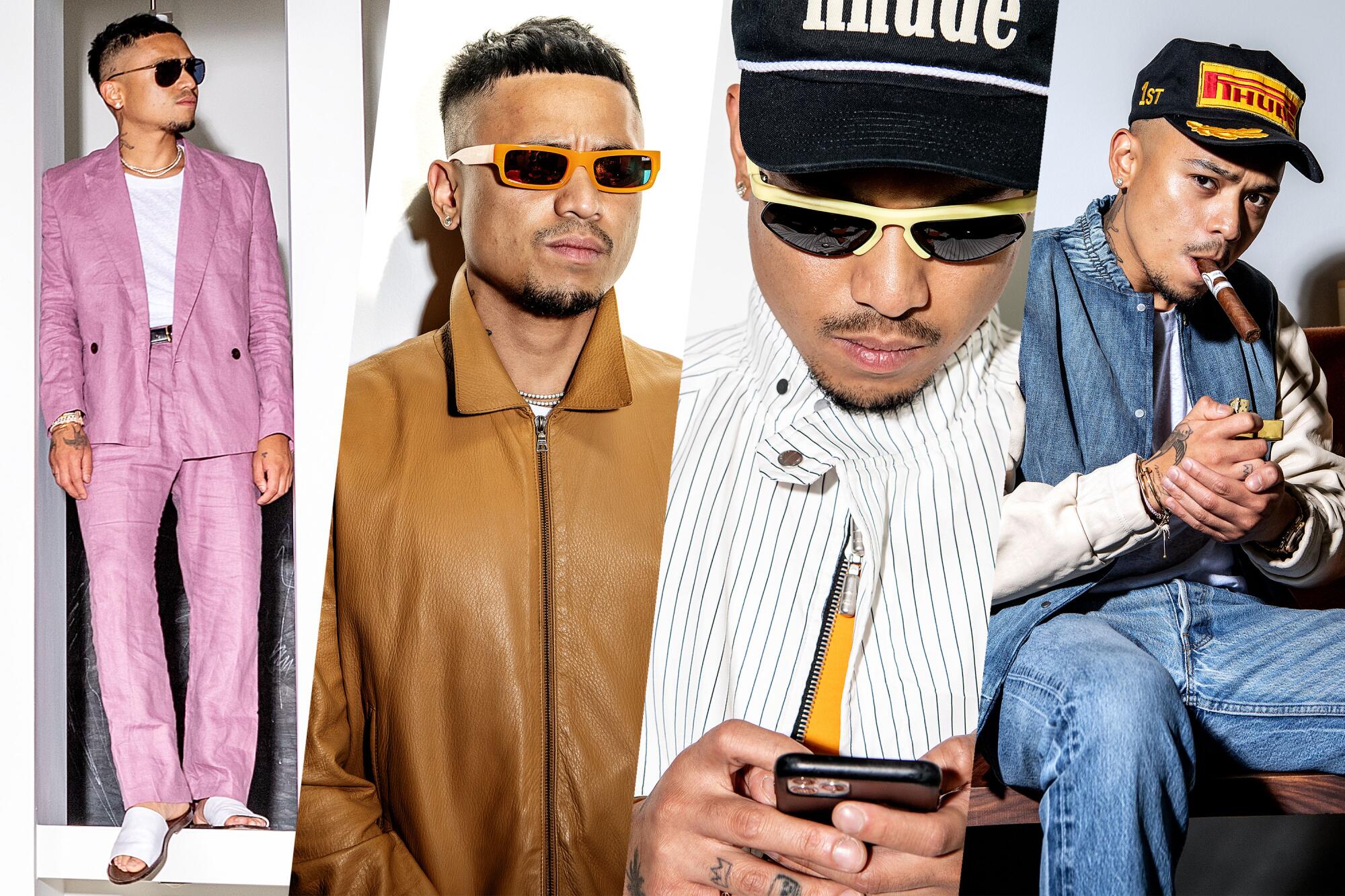 collage image of 4 different styled looks on designer Rhuigi Villaseñor