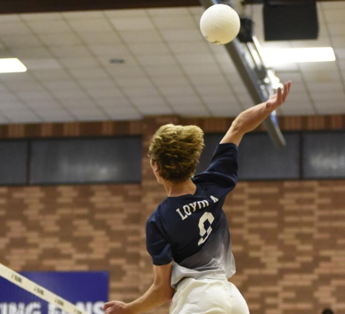 Loyola's Dillon Klein unleashes a kill against Mira Costa during the Cubs' win Saturday.