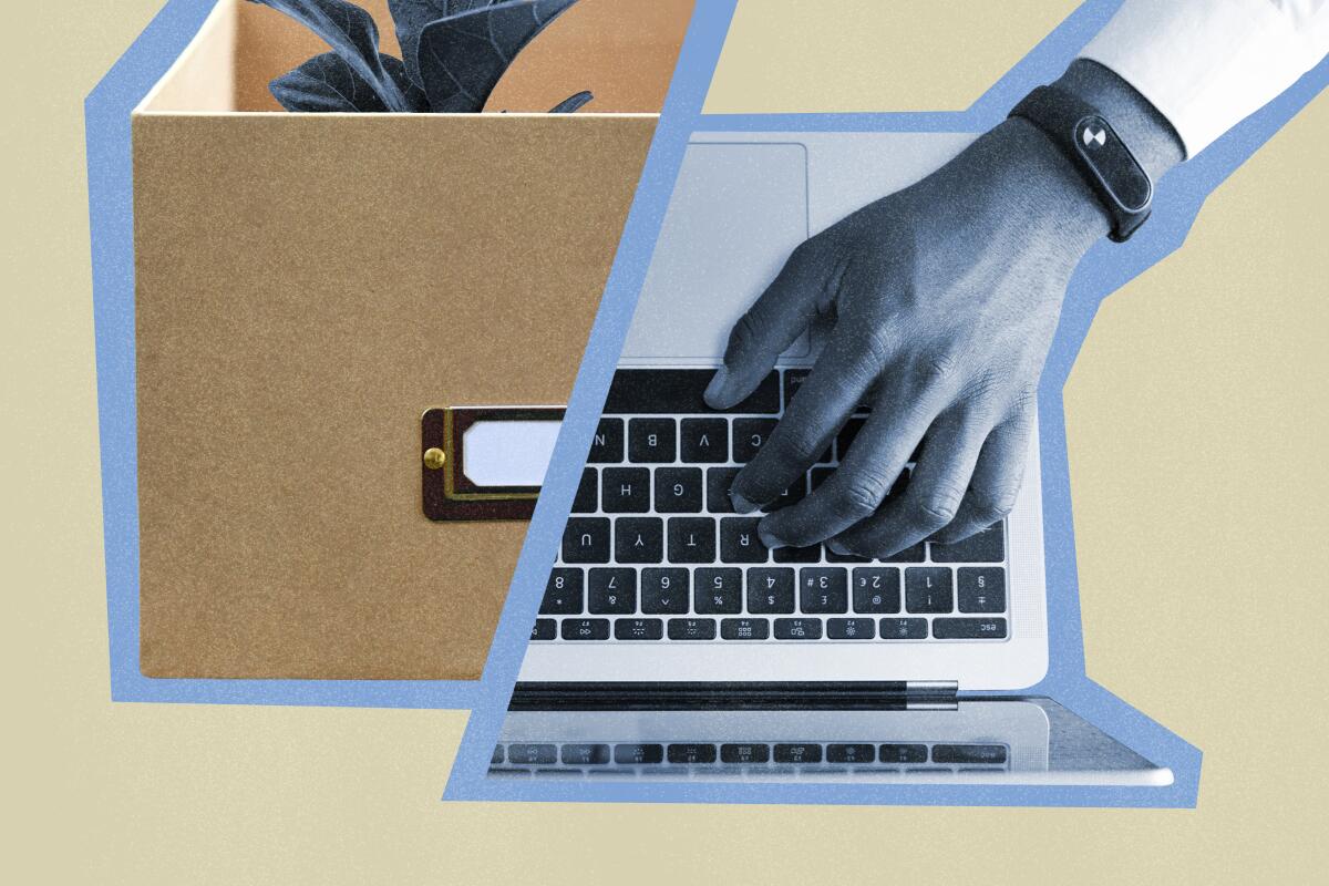 Photo illustration of a cardboard box to the left and, to the right, a hand typing on a laptop