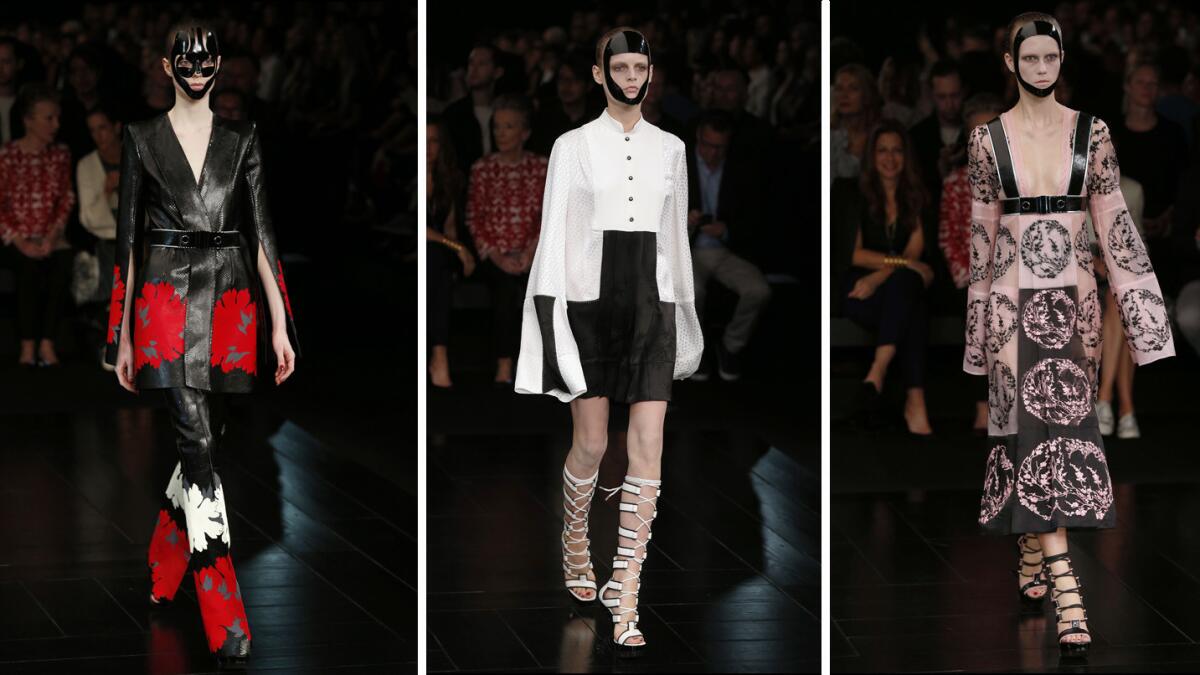 Three looks from the Alexander McQueen spring/summer 2015 collection at Paris Fashion Week.