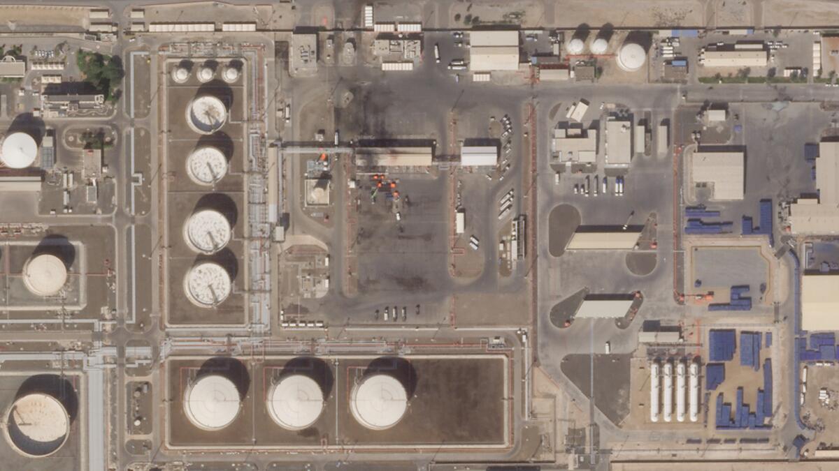 Satellite image of damaged fuel depot after alleged missile attack