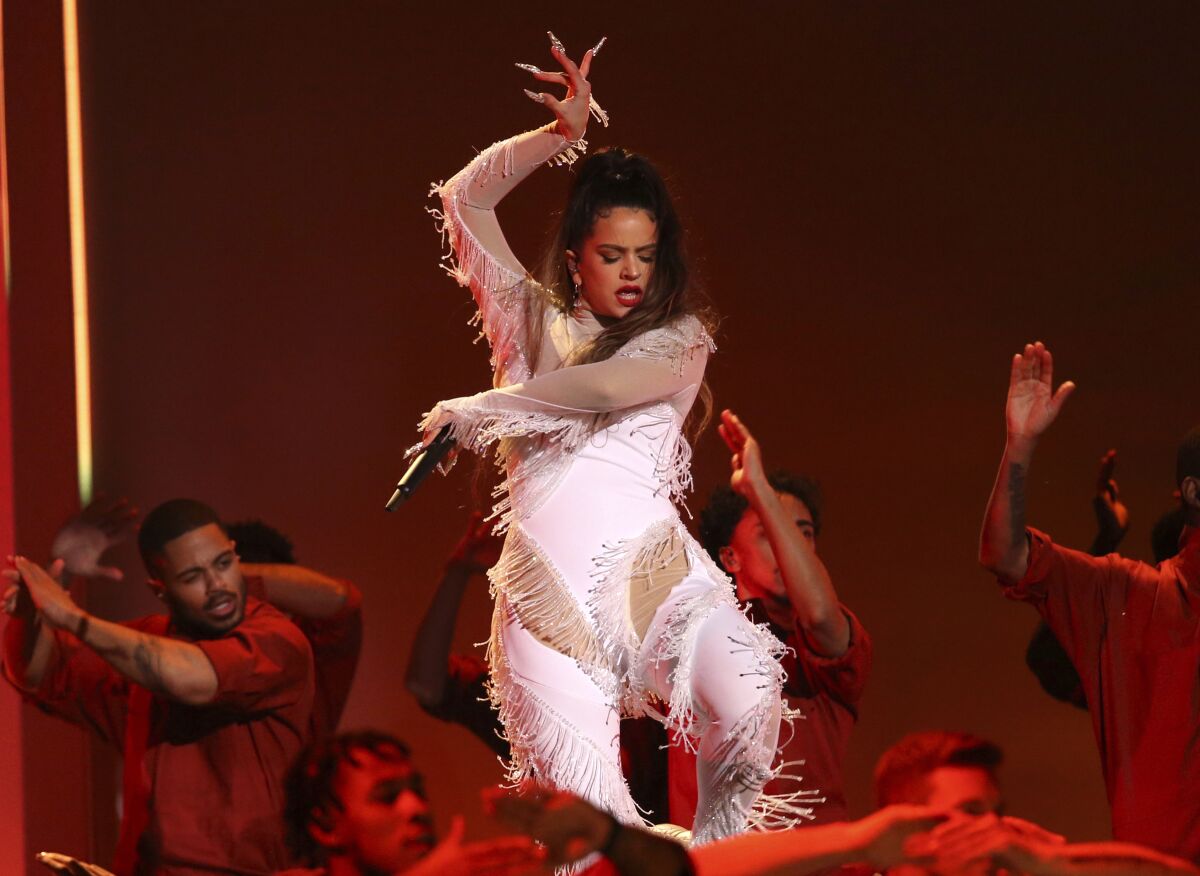 FILE - Rosalia performs a medley at the 62nd annual Grammy Awards in Los Angeles 