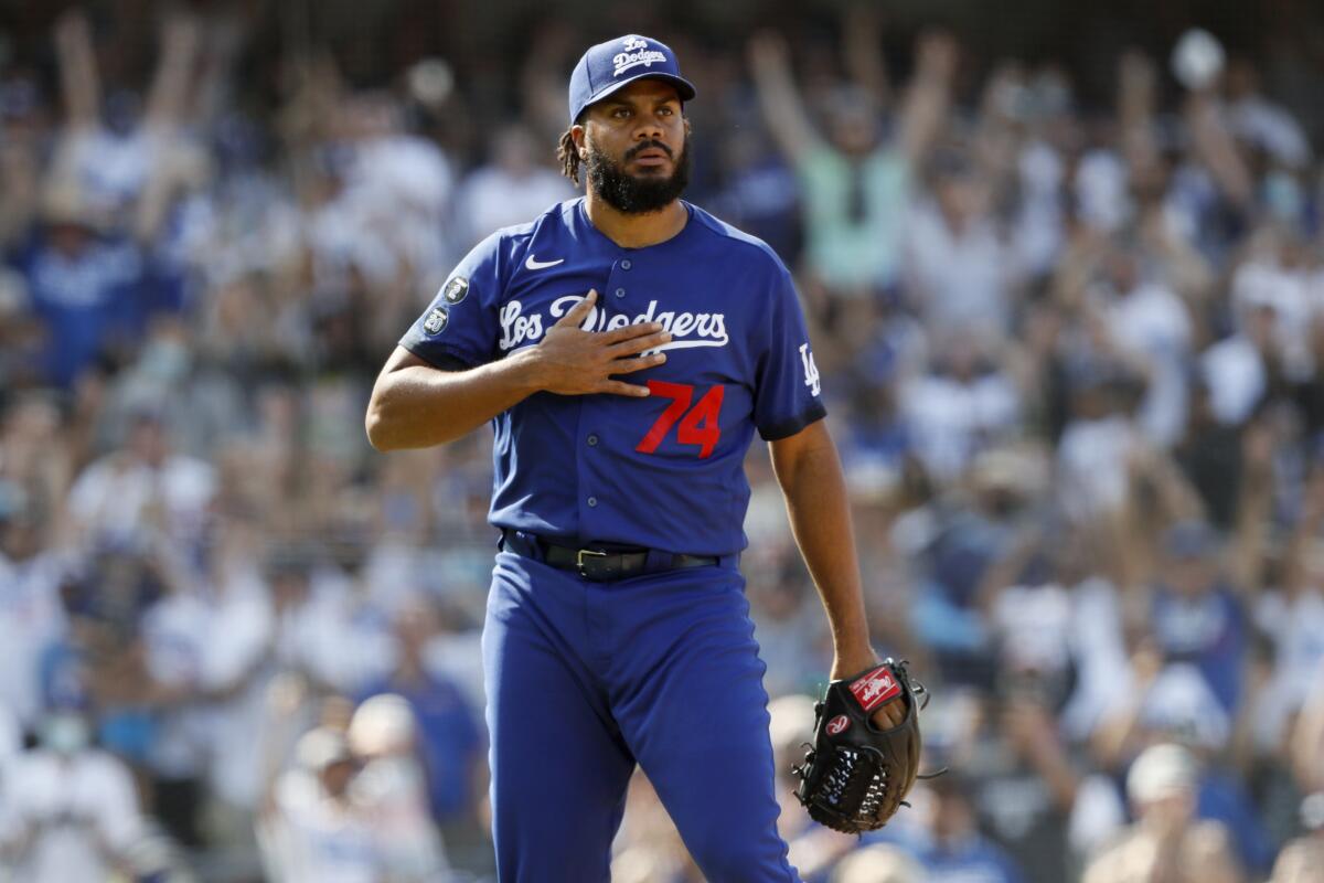 Dodgers closer Kenley Jansen reacts after striking out New York Mets' Pete Alonso during a game last season.