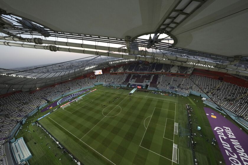 FILE - General view of the Khalifa International Stadium ahead the World Cup round of 16 soccer match between the Netherlands and the United States, in Doha, Qatar, Saturday, Dec. 3, 2022. (AP Photo/Hassan Ammar, File)