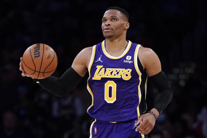 Los Angeles Lakers guard Russell Westbrook (0) controls the ball during.