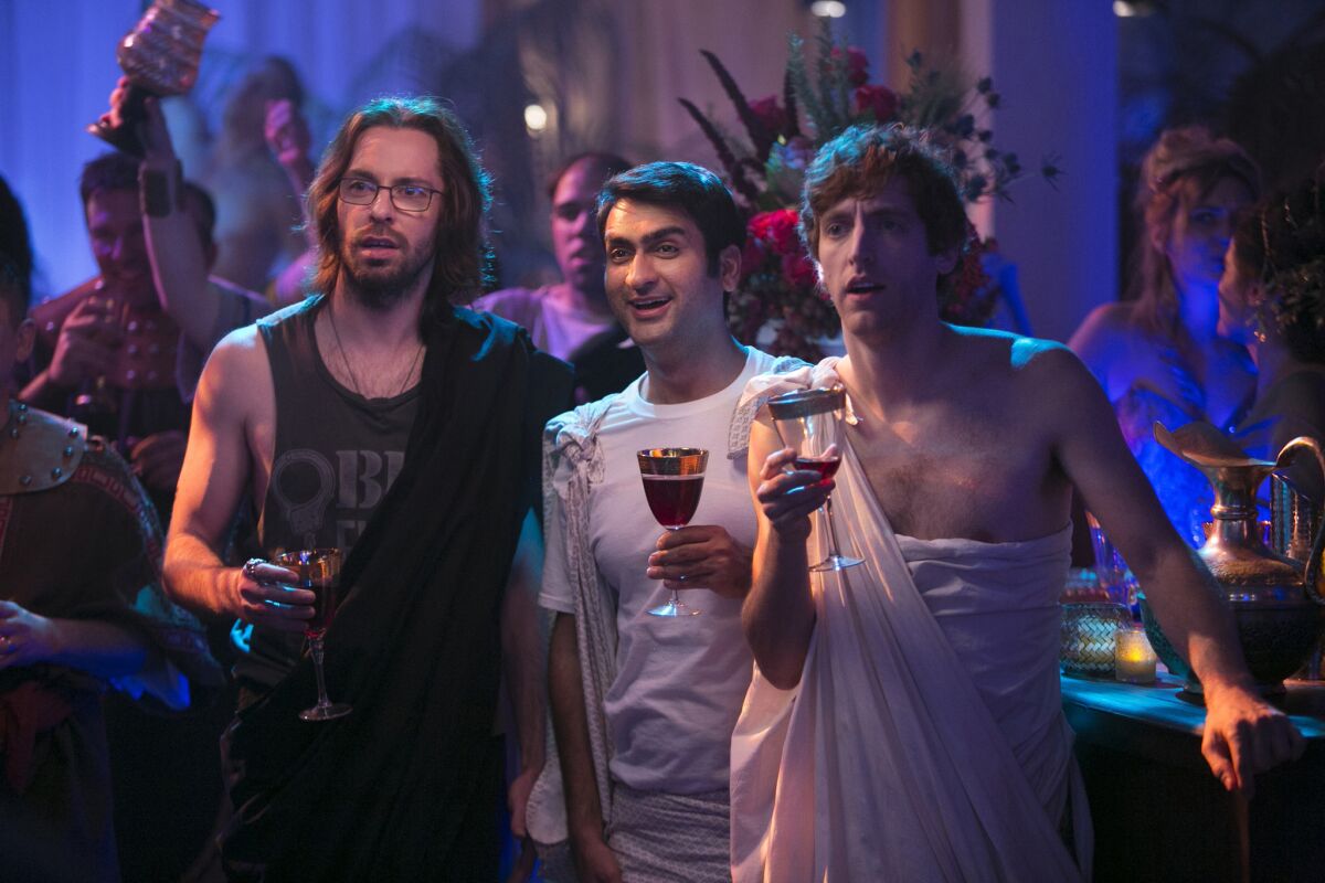 Where's the party? It's in your house, with HBO making nearly 500 hours of subscription programming available for free during the shut-in month of April. Offerings include "Silicon Valley," with Martin Starr (left), Kumail Nanjiani and Thomas Middleditch.