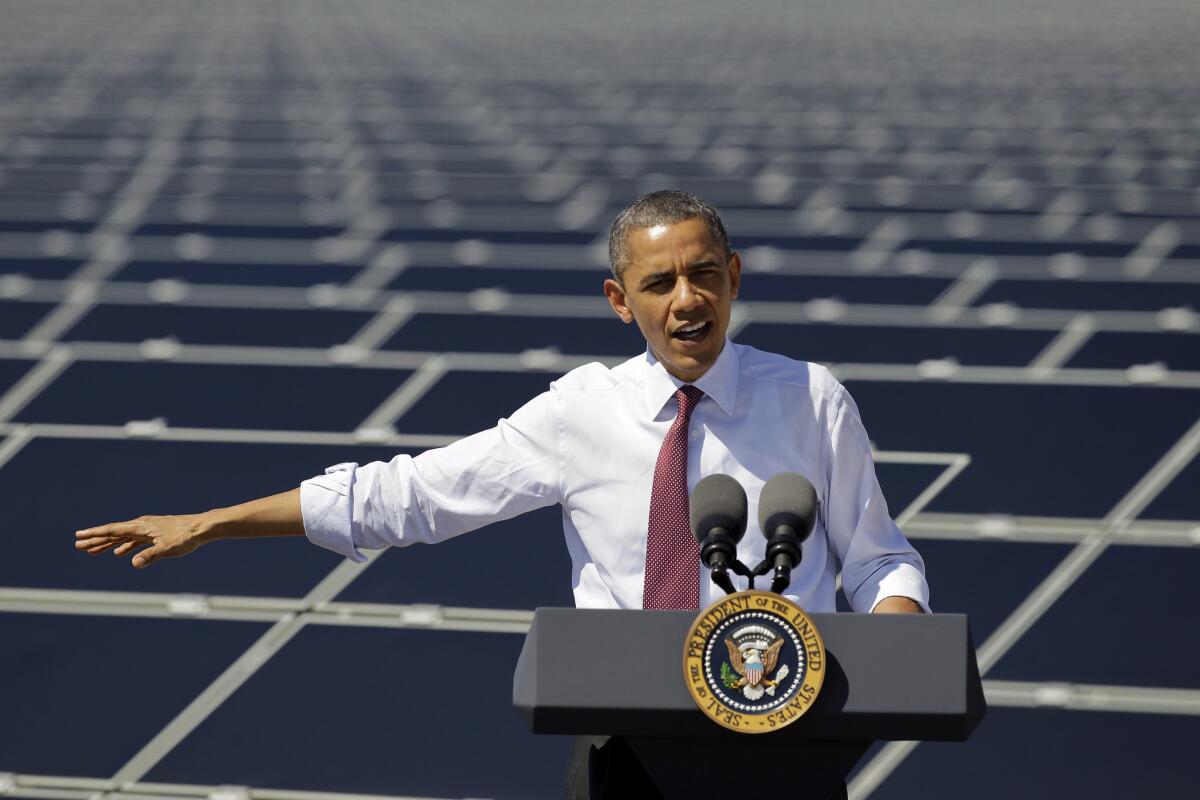 President Barack Obama speaks after touring Sempra's Copper Mountain Solar 1 facility in Boulder City, Nev.