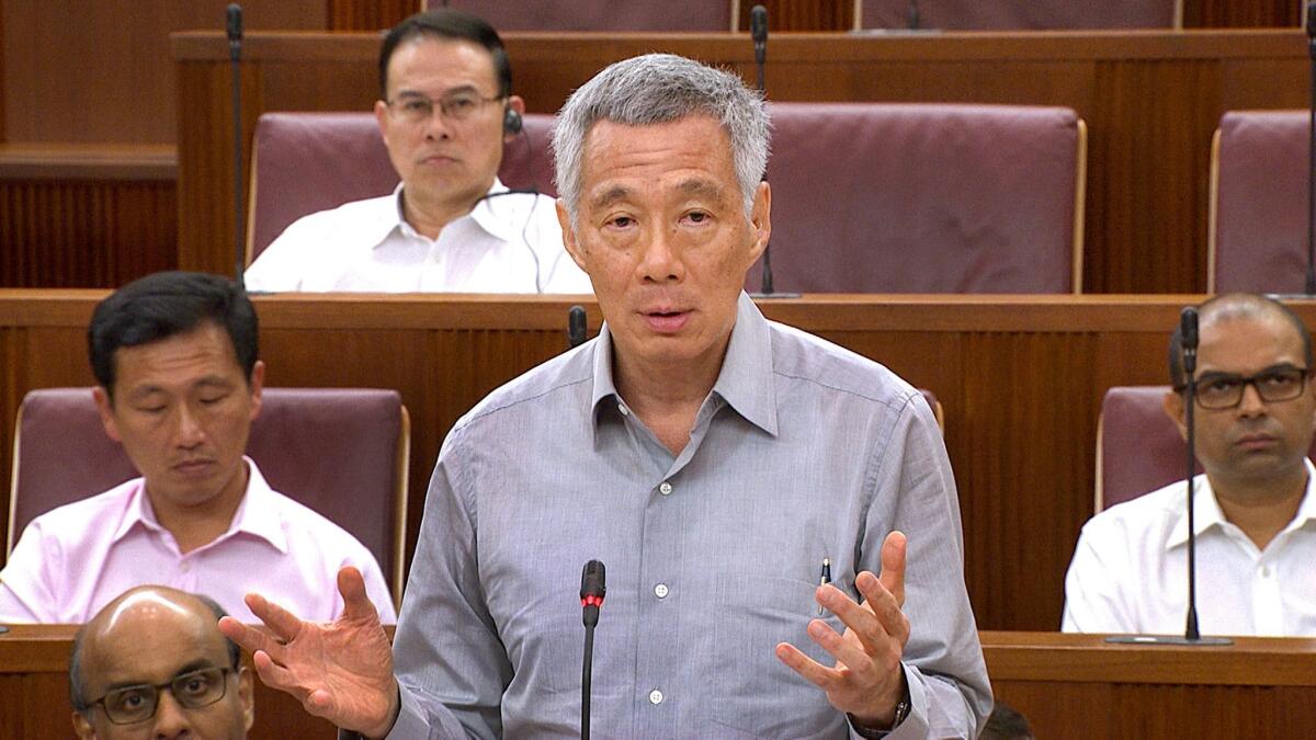 Singapore Prime Minister Lee Hsien Loong speaks in Parliament.