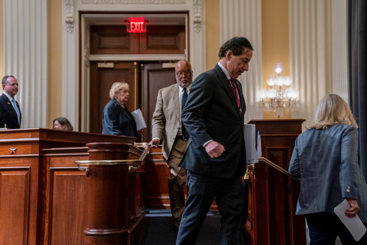 Members of the House Jan. 6 committee leave after a meeting in March.