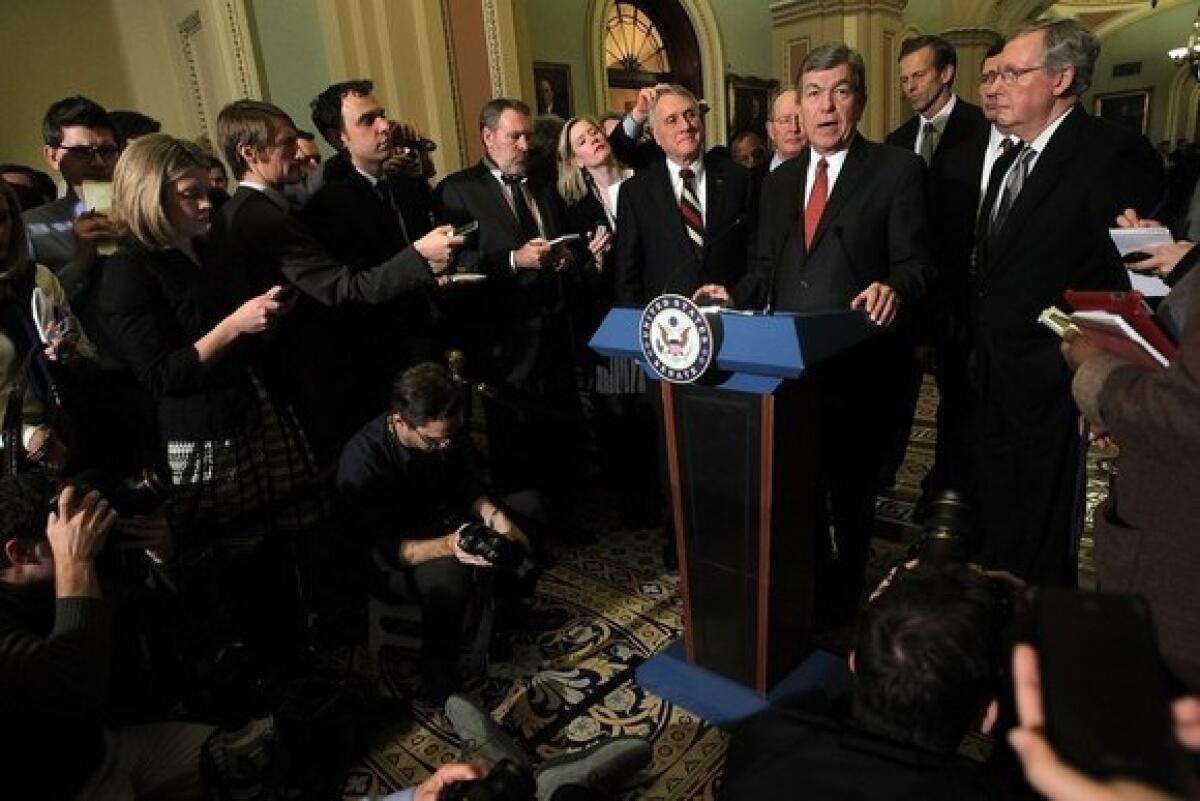Sen. Roy Blunt and other members of the Republican leadership speak with reporters after the weekly Republican policy luncheon Tuesday on Capitol Hill.