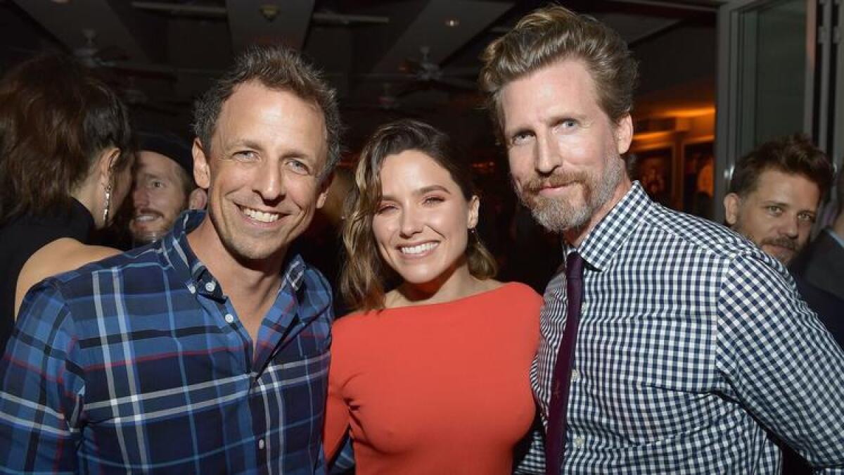 Seth Meyers, left, with Sophia Bush and Josh Meyers at the pre-Emmy shindig.