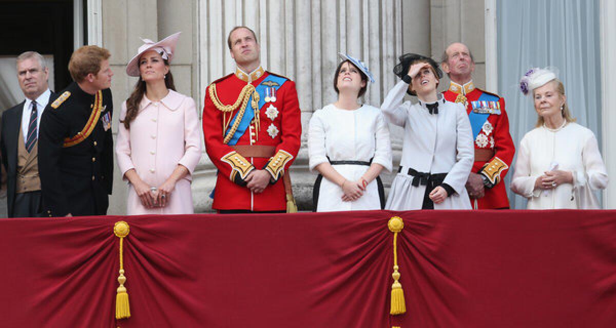 From left, Prince Andrew; Prince Harry; Catherine, Duchess of Cambridge; Prince William, Duke of Cambridge; Princess Eugenie; Princes Beatrice; Prince Edward; and Katherine, Duchess of Kent on the balcony at Buckingham Palace during the annual Trooping the Colour ceremony on Saturday.