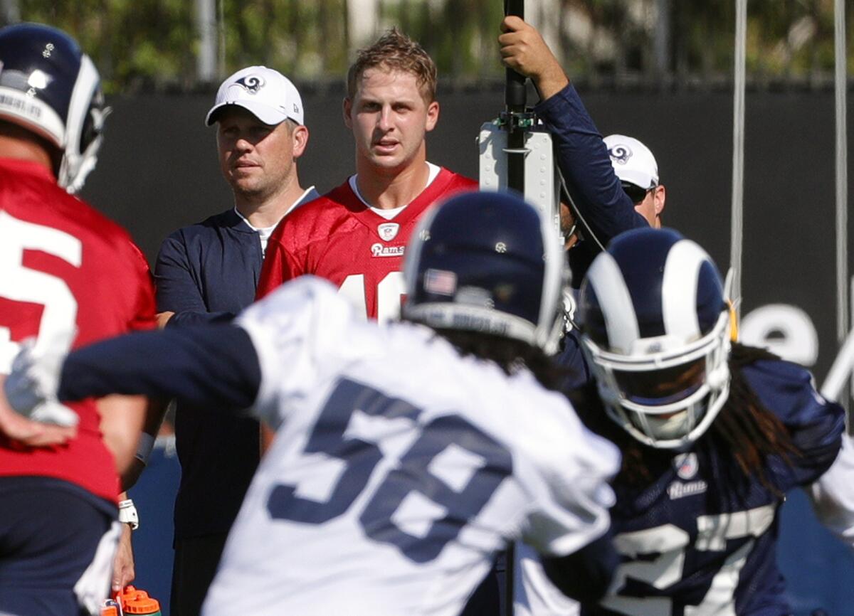 Rams quarterback Jared Goff watches his teammates during the first day of Rams training camp on July 27.