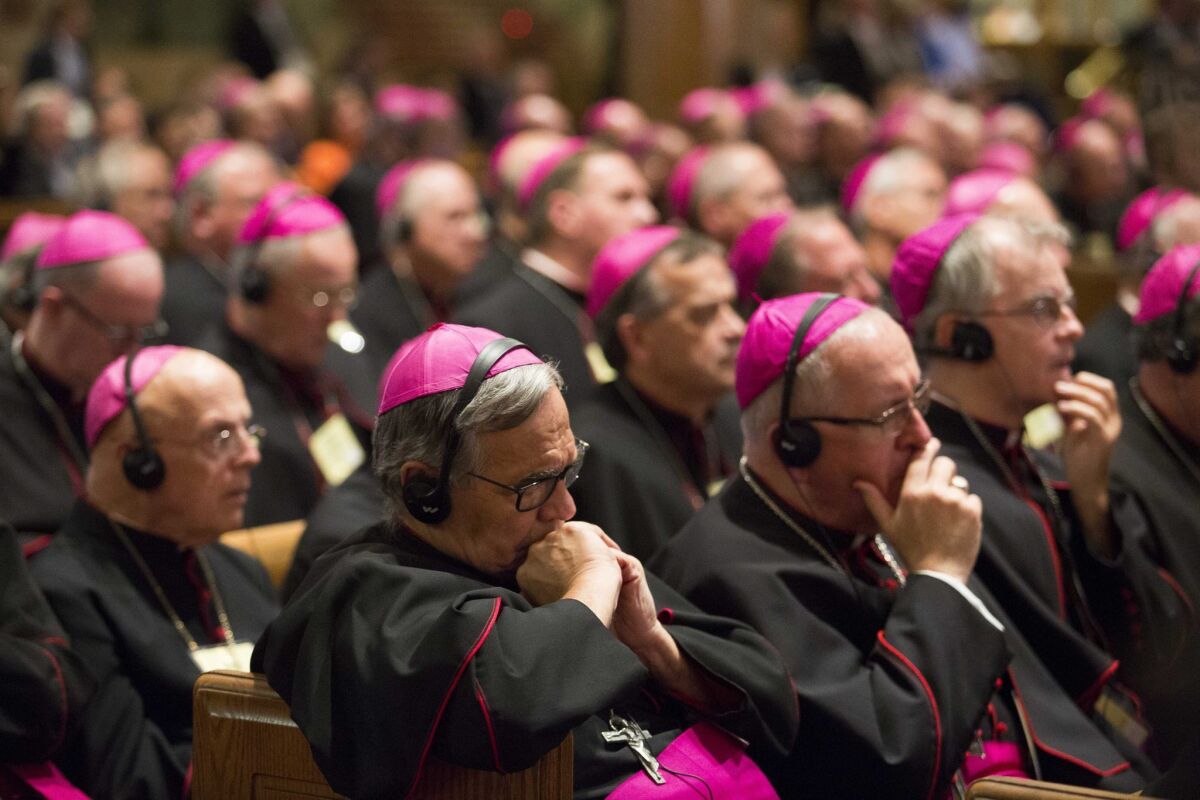 Bishops listen to Pope Francis speak during the midday prayer at the Cathedral of St. Matthew the Apostle in Washington. The pope briefly mentioned the clergy sex abuse scandal during the service.