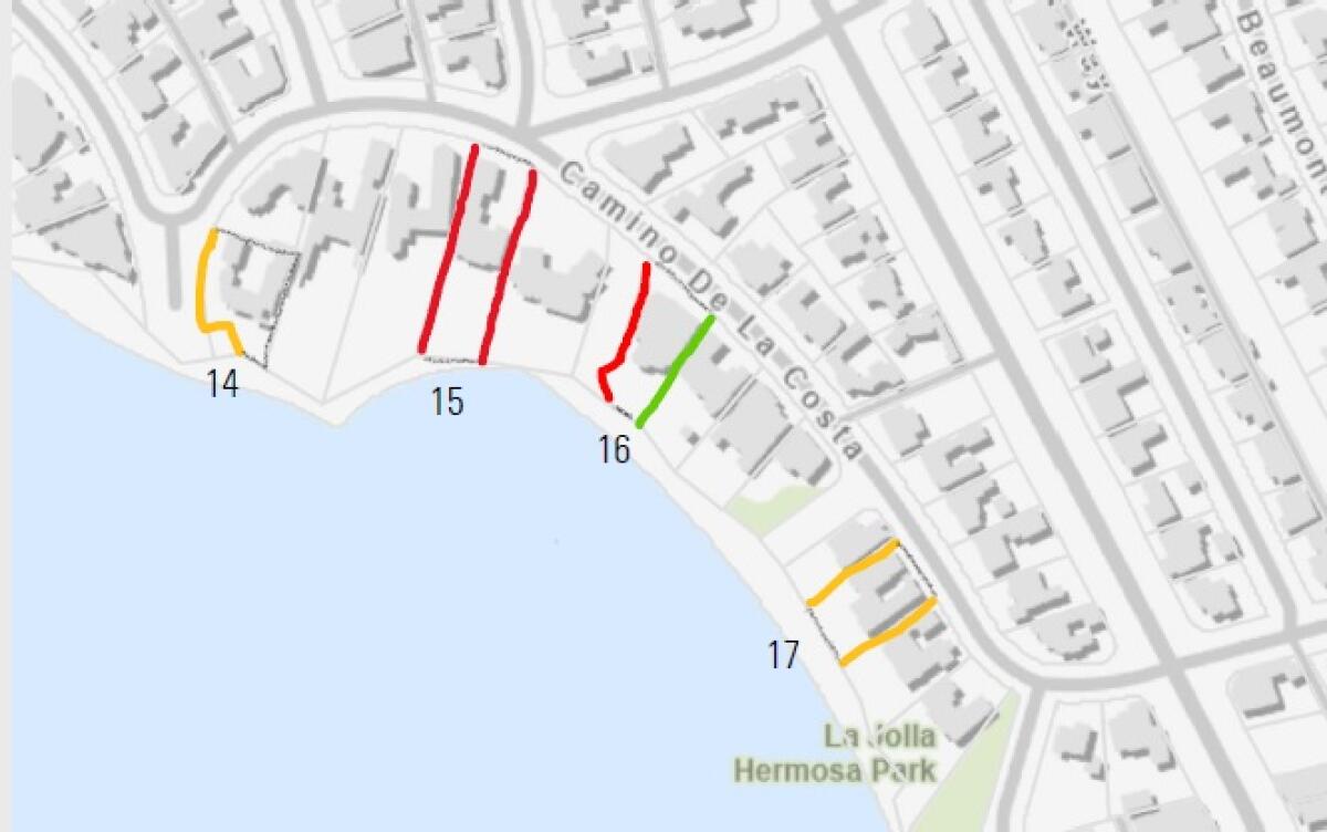 A map presented to the La Jolla Community Planning Association shows potential and recorded view corridor easements.