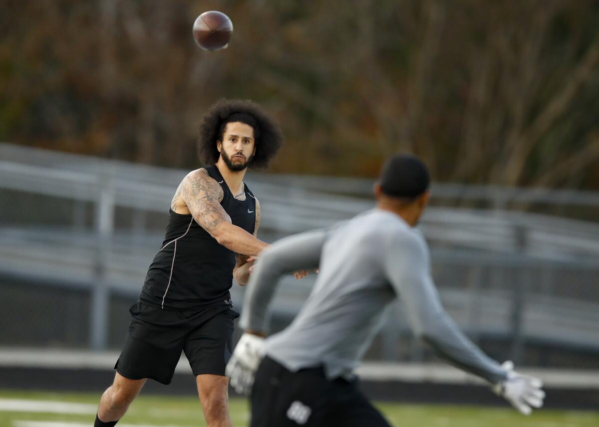 Colin Kaepernick participates in a workout for NFL football scouts in November.