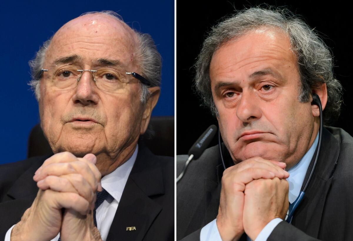 FIFA President Sepp Blatter in Zurich on May 30, left, and UEFA chief Michel Platini in Zurich on May 28.