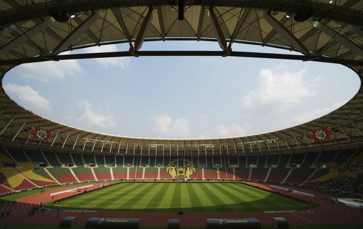 The newly built Olembé stadium in Yaoundé, Cameroon, Saturday, Jan. 8, 2022. The African Cup of Nations takes place in Cameroon and starts on Sunday, Jan. 9. (AP Photo/Themba Hadebe)