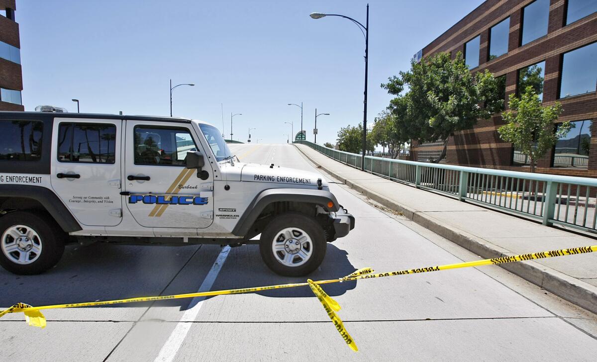 The Olive Avenue bridge in Burbank was closed due to a report of a possible bomb on a Metrolink train. The train stopped at the downtown Burbank Metrolink station on Tuesday, April 16, 2013.