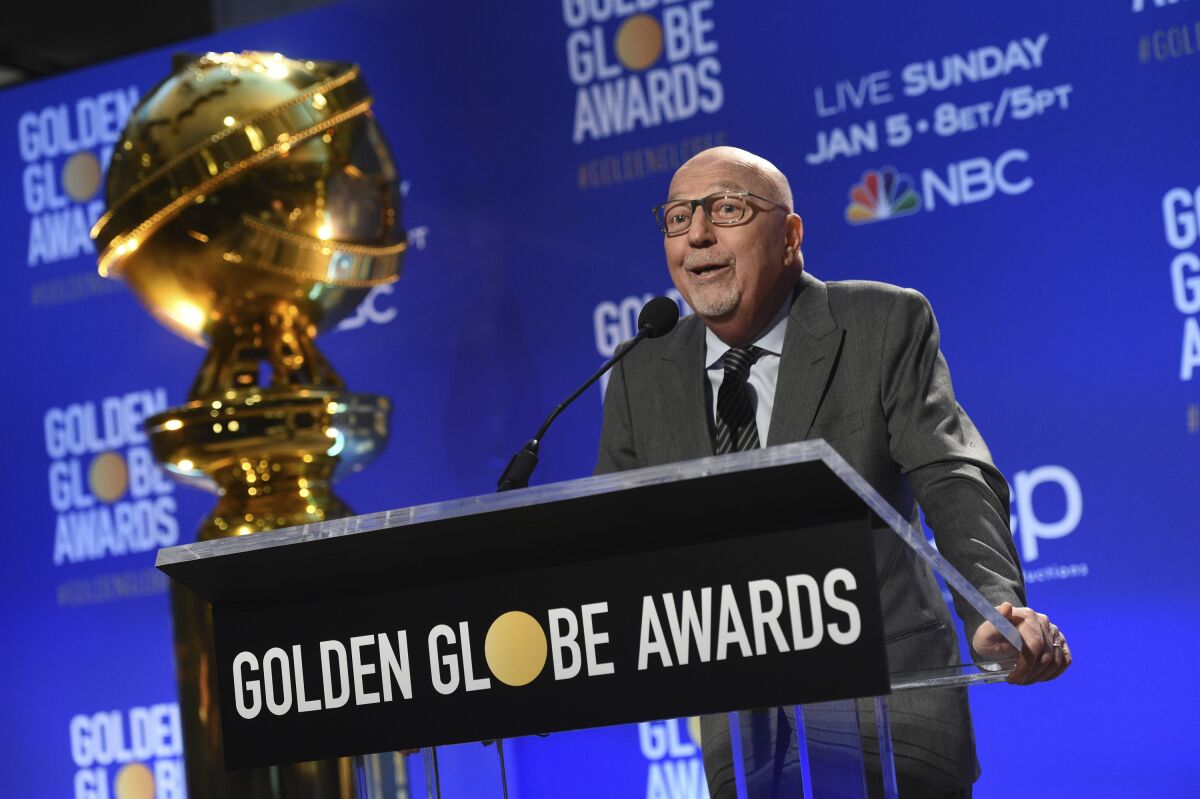 FILE - Lorenzo Soria speaks at the nominations for the 77th annual Golden Globe Awards on Dec. 9, 2019, in Beverly Hills, Calif. Soria, president of the Hollywood Foreign Press Association and former editor of the Italian news weekly L'Espresso, died Friday, the association said. He was 68. (AP Photo/Chris Pizzello, File)