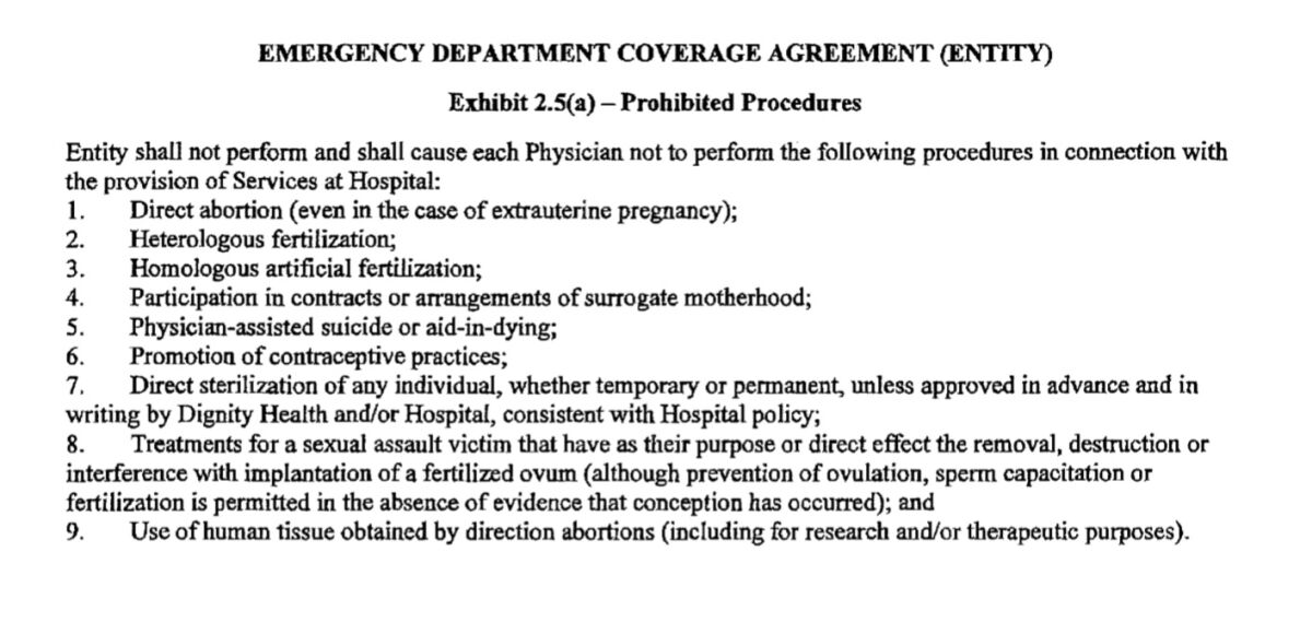 "Prohibited Procedures" for UCLA physicians working in some Dignity Health hospital ERs including abortions and some treatments for victims of sexual assault.