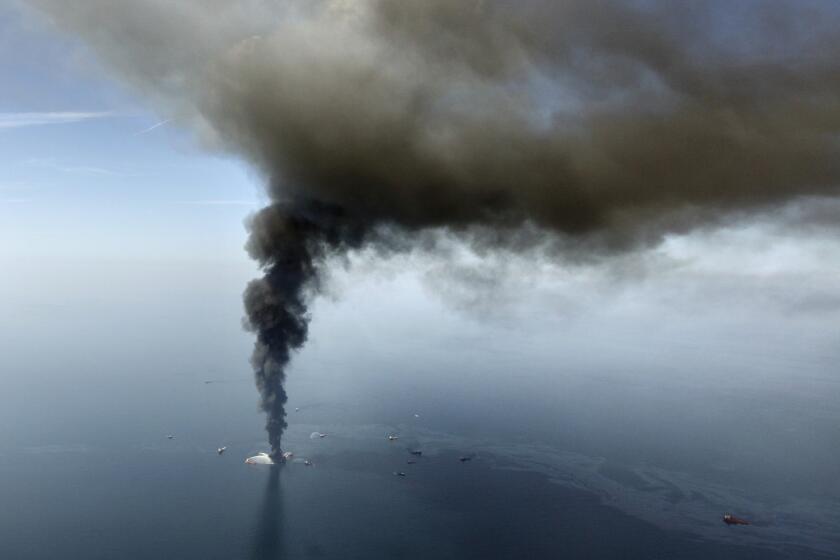 The Deepwater Horizon oil rig burns in the Gulf of Mexico on April 21, 2010.