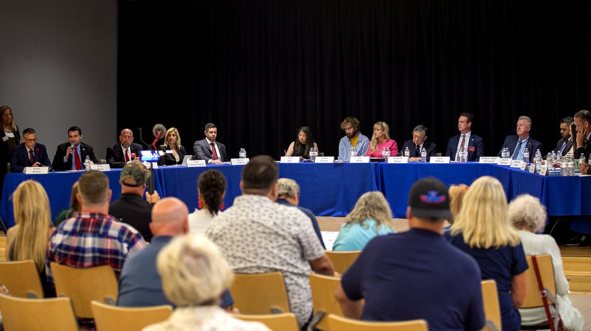 Huntington Beach City Council candidates participate in a forum at the Senior Center on Wednesday night.
