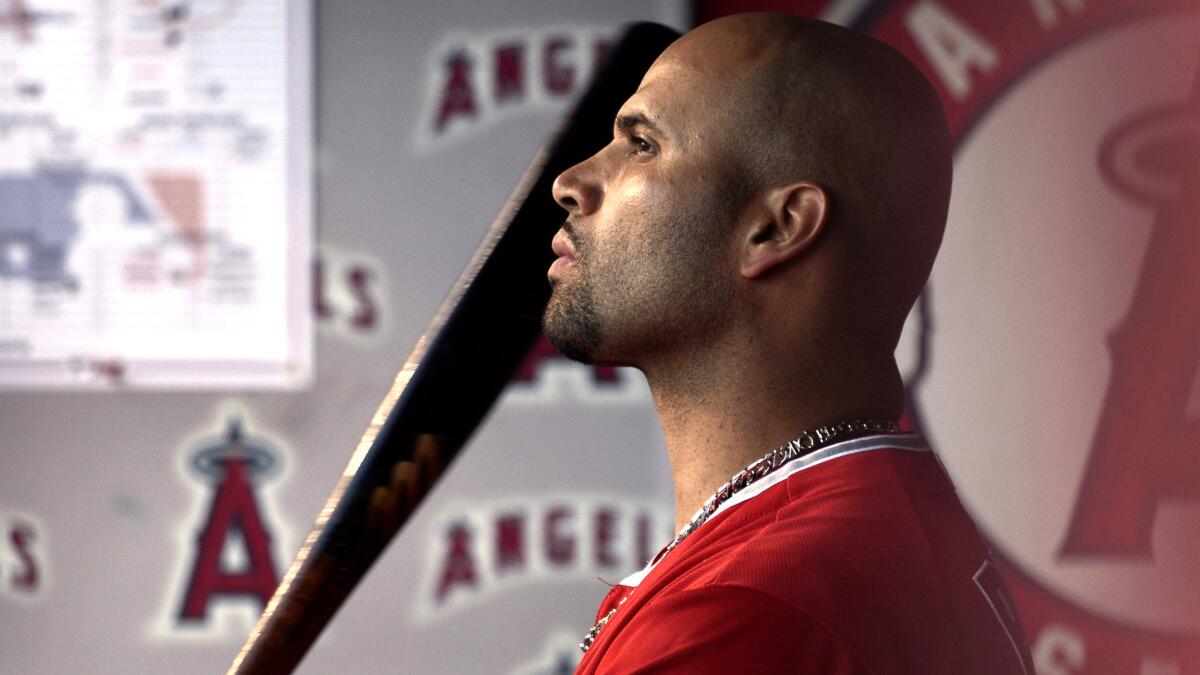 Angels first baseman Albert Pujols prepares to head to the on-deck circle during a game against the Yankees on July 1 in Anaheim.