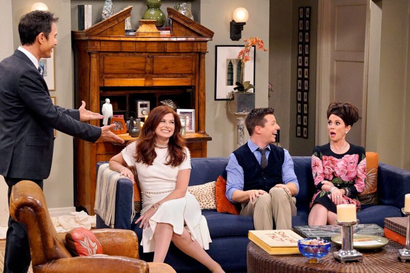 This image released by NBC shows, from left, Eric McCormack, Debra Messing, Sean Hayes and Megan Mullally in "Will & Grace," premiering Sept. 28, on NBC. (Chris Haston/NBC via AP)