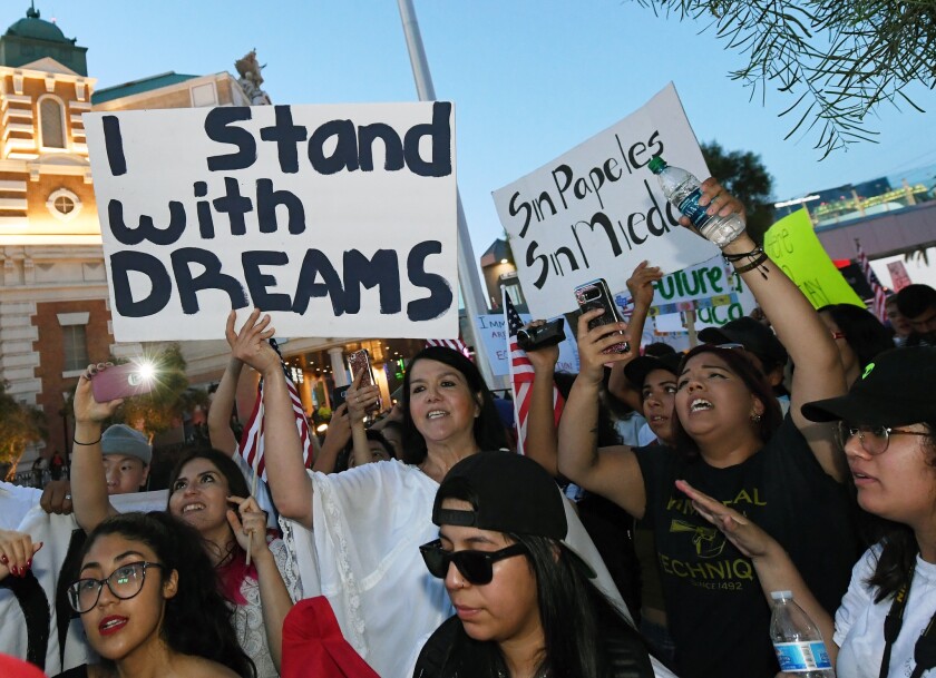 Immigrants and supporters attend a "We Rise for the Dream" rally Sept. 10 in Las Vegas to oppose President Trump's order to end DACA.