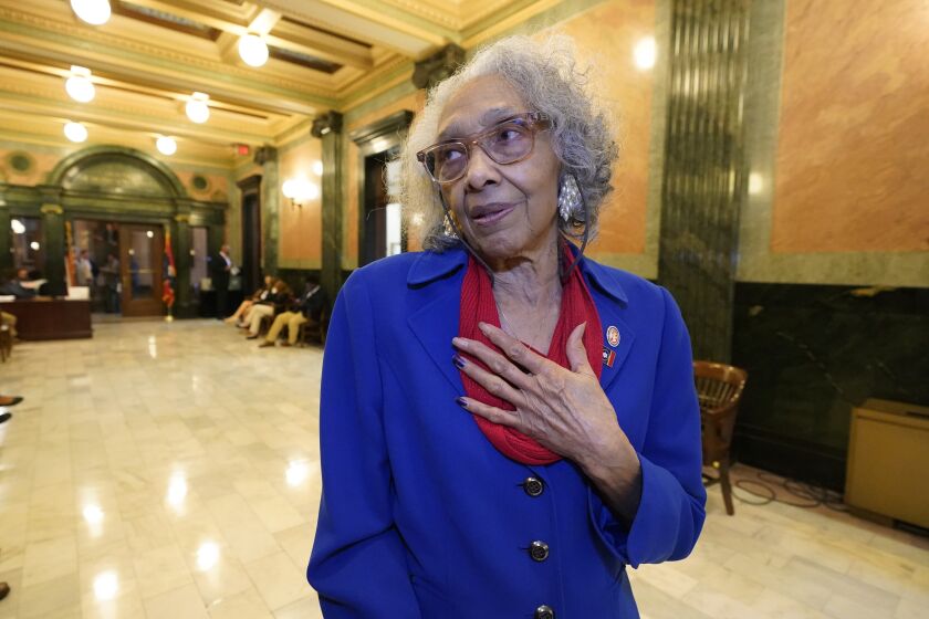 CORRECTS ELECTION YEAR TO 1985, NOT 1984 - State Rep. Alyce Clarke, D-Jackson, speaks to reporters about her tenure in the Mississippi Legislature, Tuesday, Jan. 31, 2023, in Jackson, Miss.. Clarke, who was first elected to the House in 1985, announced Tuesday that she will not seek reelection. (AP Photo/Rogelio V. Solis)