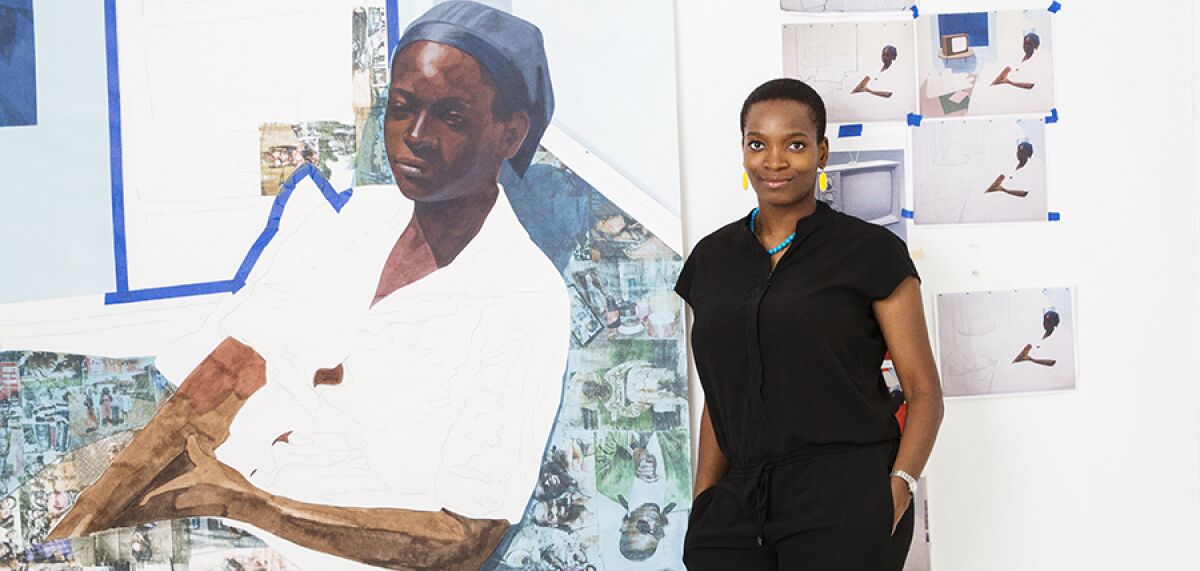 Njideka Akunyili Crosby with her artwork