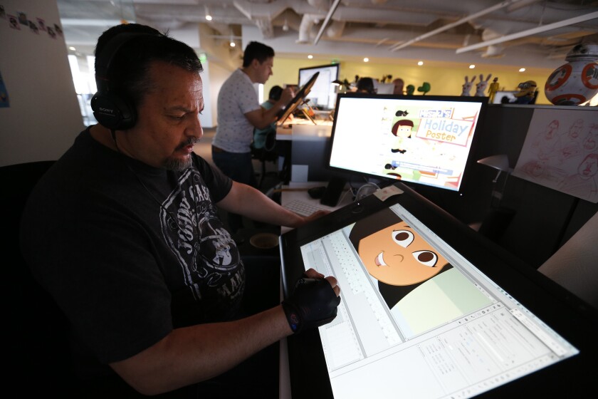Animator Joddy Nicola works on an animation for an ABCmouse.com activity at the Age of Learning office in Glendale.