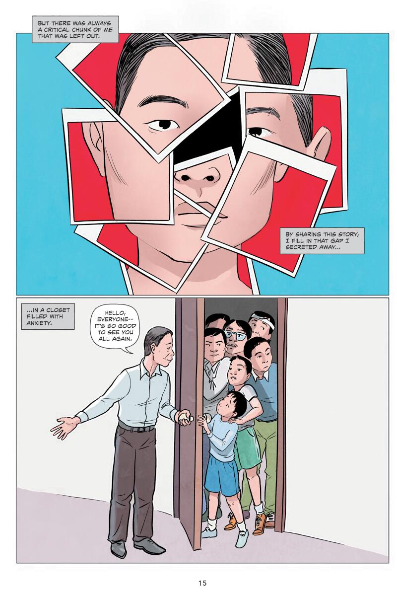 A two-panel comic book page with a collage of photos making a face and a man opening a door.
