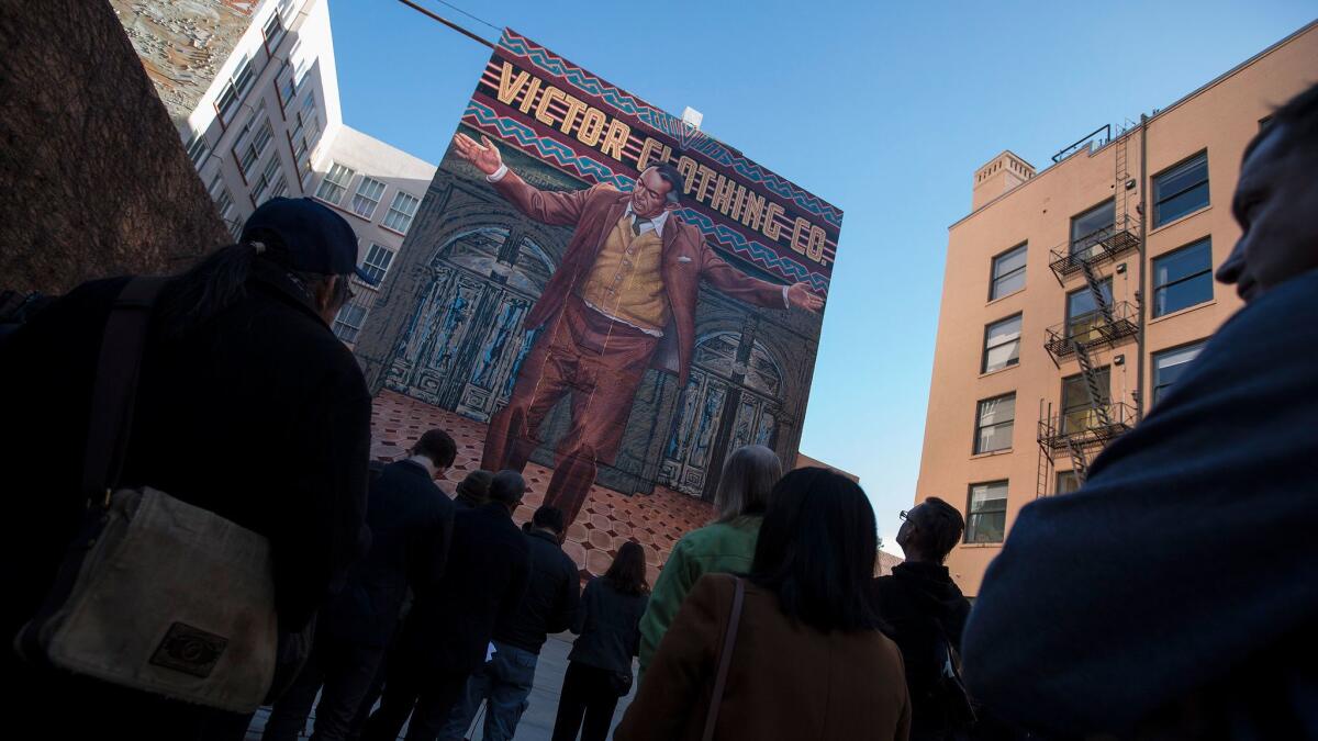 Artist Eloy Torrez' newly restored downtown mural of Anthony Quinn, the "Pope of Broadway."