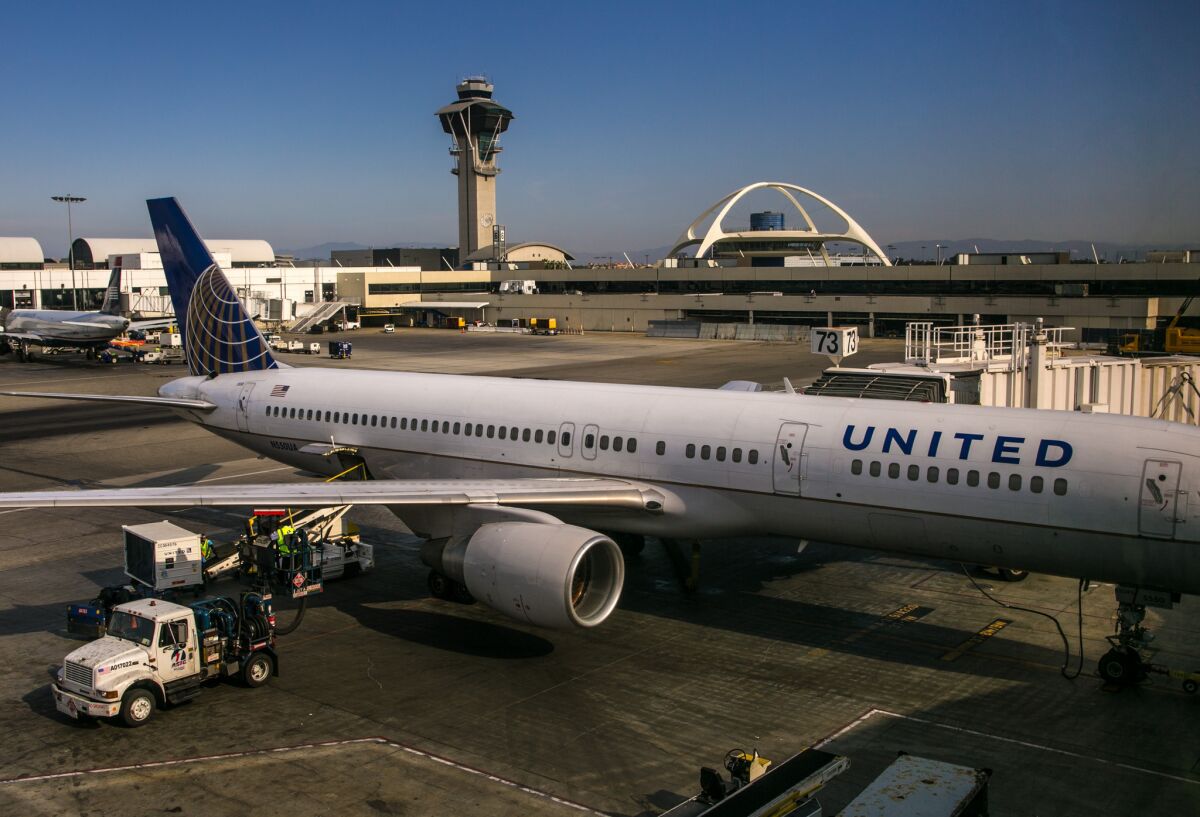 A United Airlines plane at Los Angeles International Airport Terminal 7 on June 27, 2015.