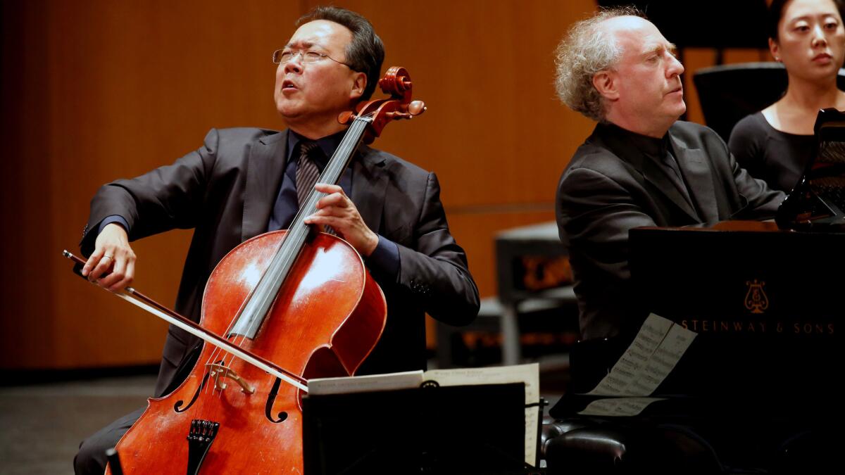 Cellist Yo-Yo Ma plays with Jeffrey Kahane on piano during the Los Angeles Chamber Orchestra concert Sunday at USC.