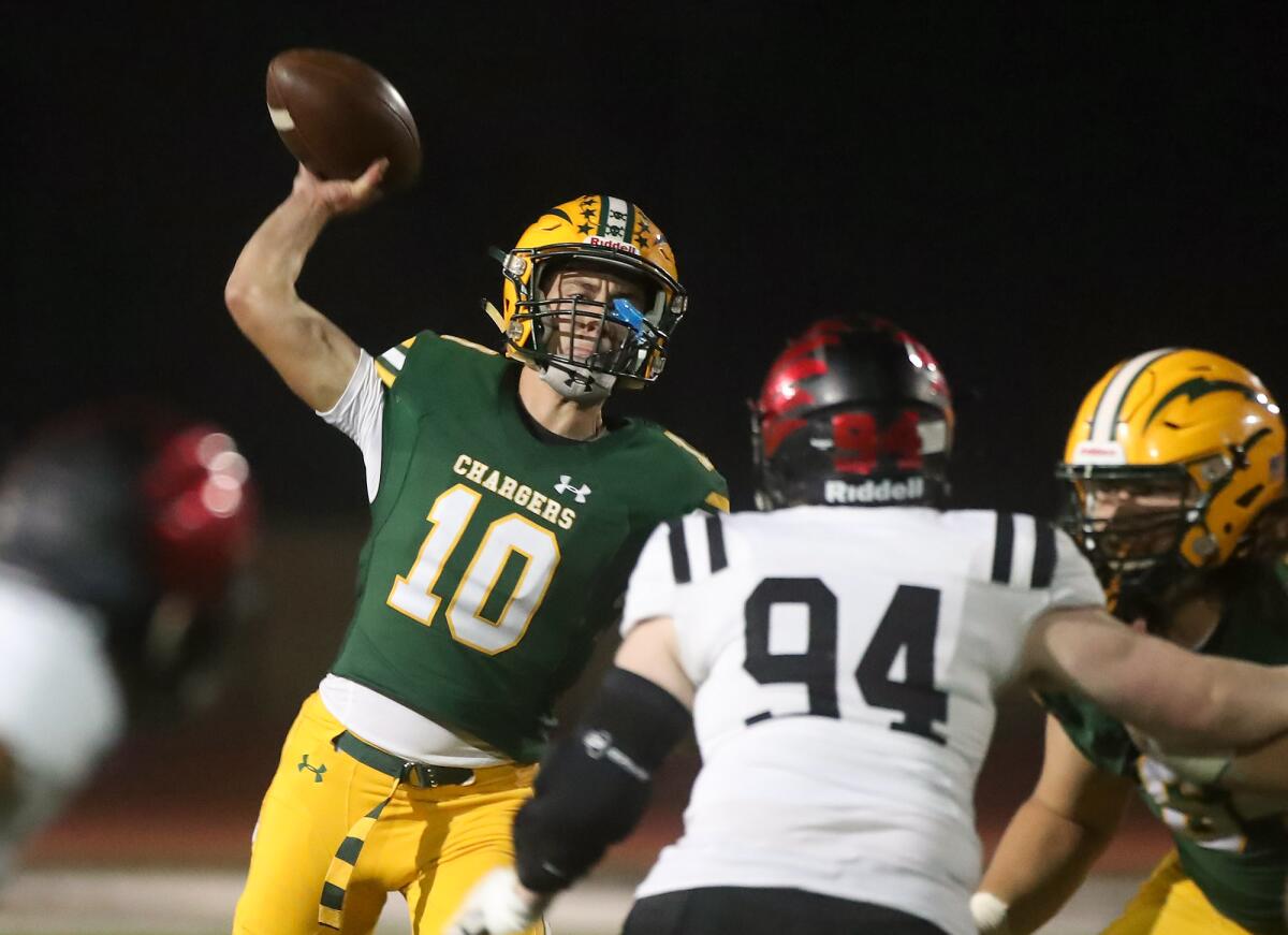 Edison quarterback Tyler Gioia (10) throws during a CIF Southern Section Division 2 playoff game against Murrieta Valley.