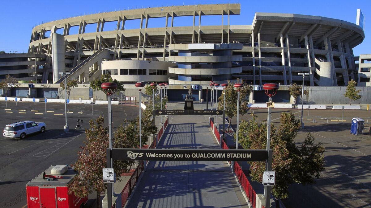 SAN DIEGO, October 9, 2018 | A file photo of SDCCU Stadium in San Diego, where San Diego State University plans to build a new football stadium and satellite campus.
