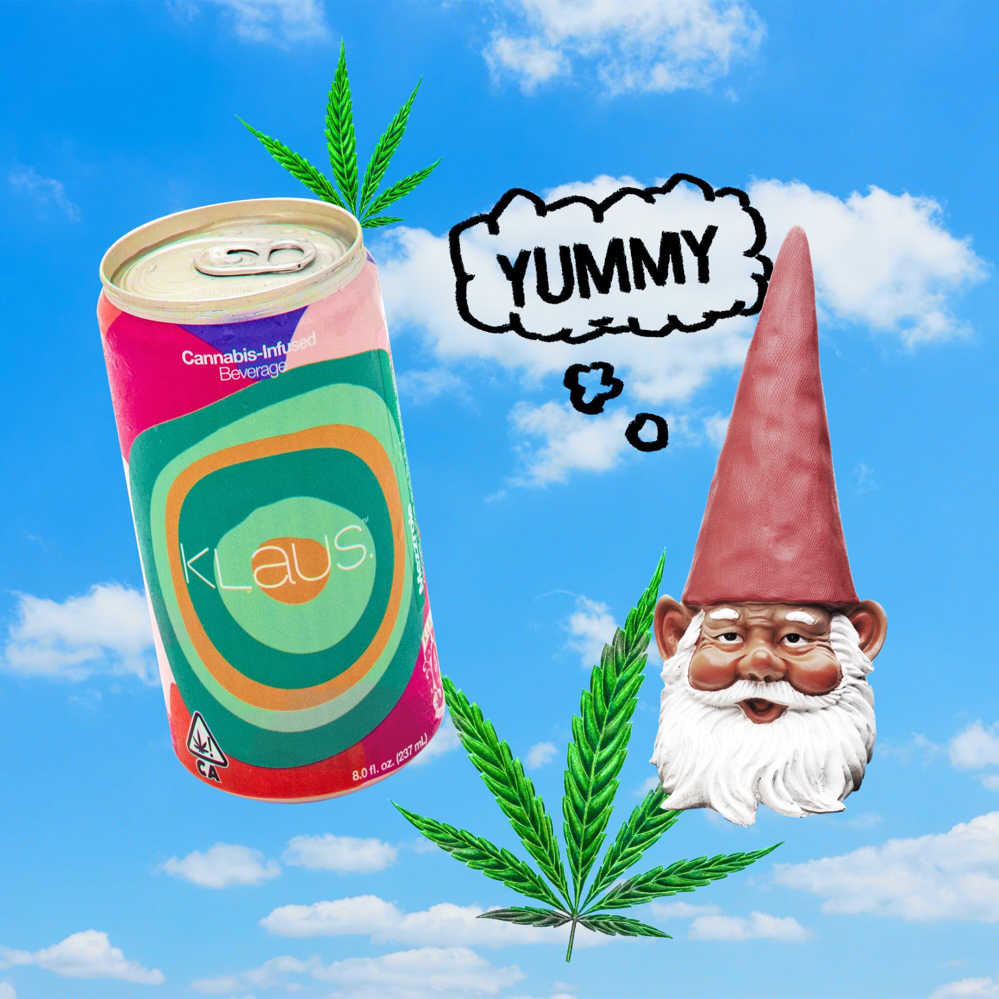 A can of Klaus cannabis-infused beverage and an illustration of a gnome, Klaus' mascot, and a thought bubble reading "yummy."