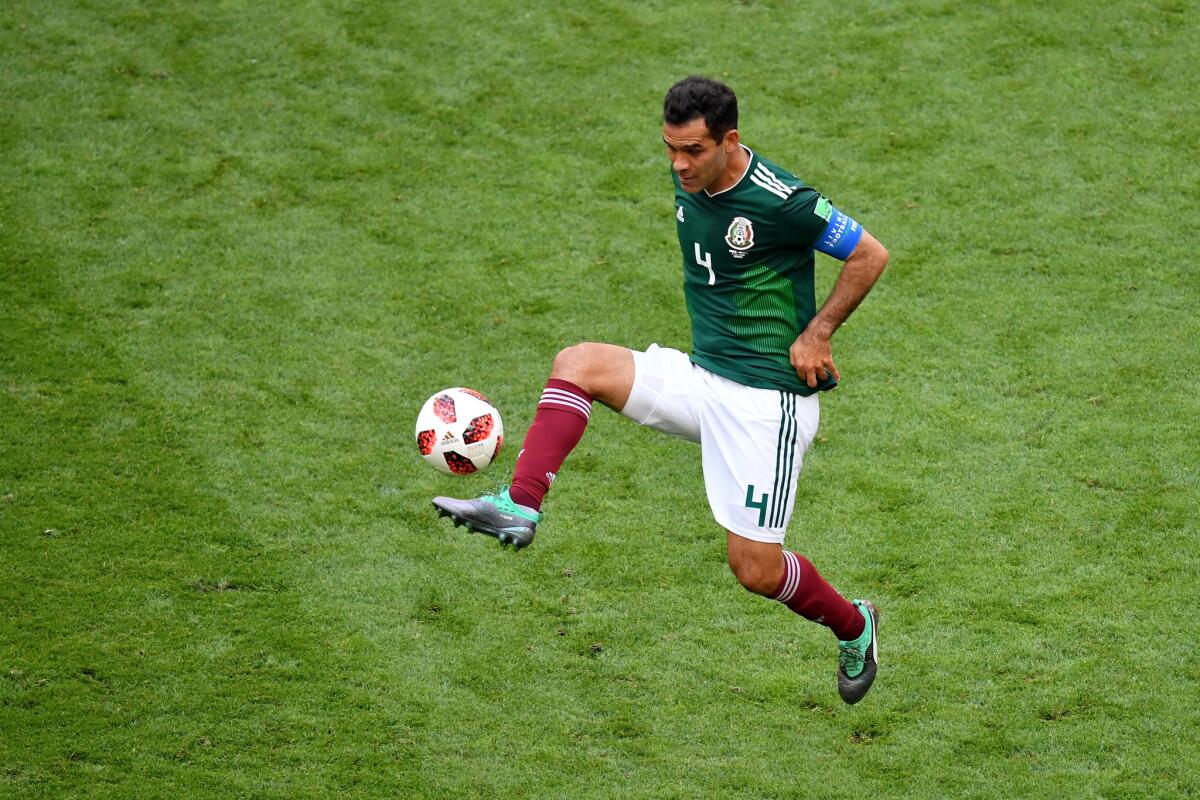 Rafael Marquez of Mexico controls the ball during the 2018 FIFA World Cup Russia Round of 16 match between Brazil and Mexico at Samara Arena on July 2, 2018 in Samara, Russia.