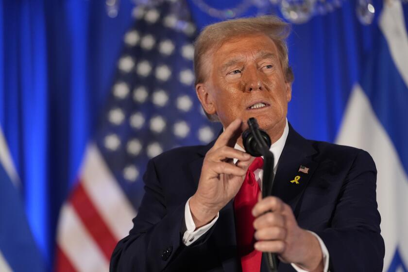 Republican presidential nominee former President Donald Trump speaks at an event marking one year since the Oct. 7 Hamas attack on Israel, Monday, Oct. 7, 2024, in Miami. (AP Photo/Alex Brandon)