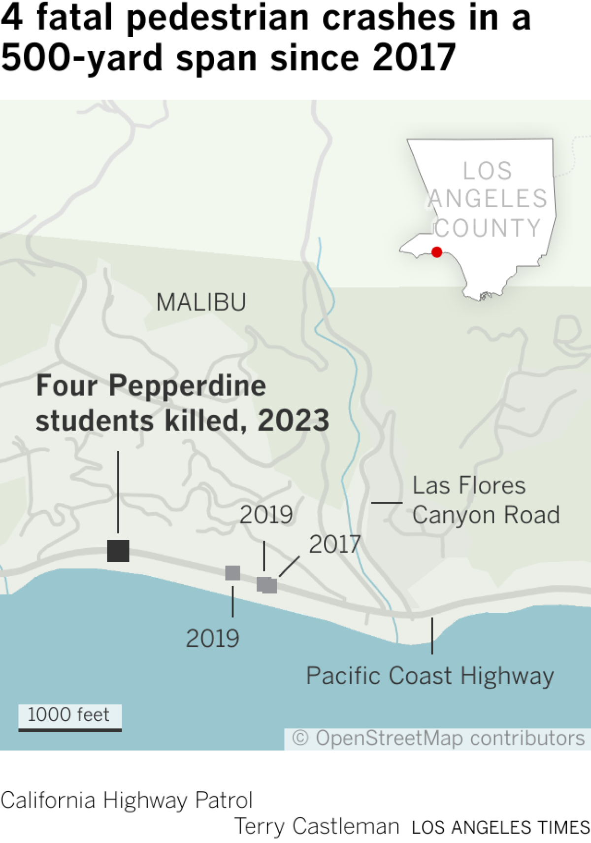 Map shows locations of four recent pedestrian fatality crashes along Malibu's Pacific Coast Highway