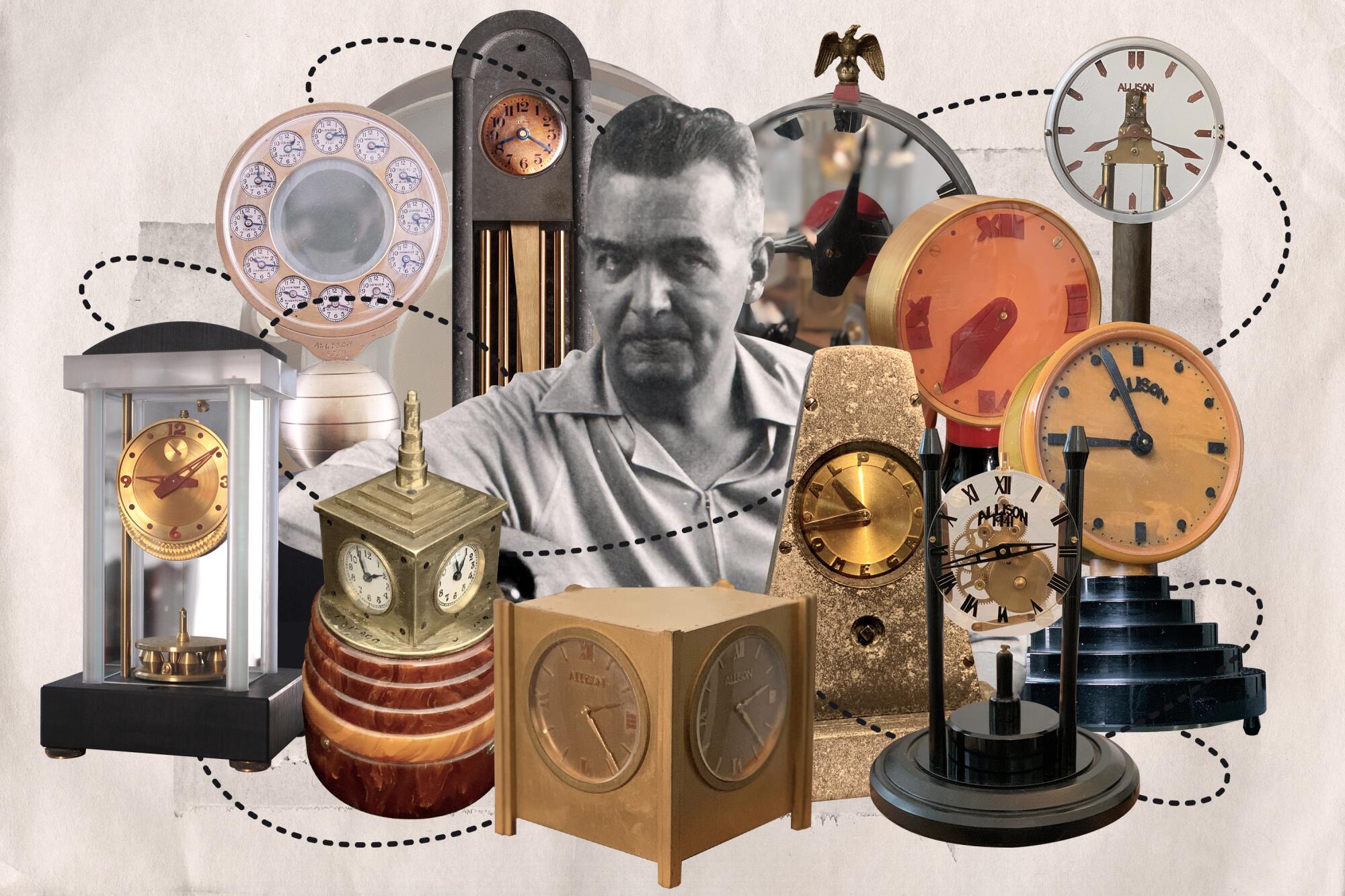 Photo collage of a man surrounded by clocks and a dotted line swirling between them