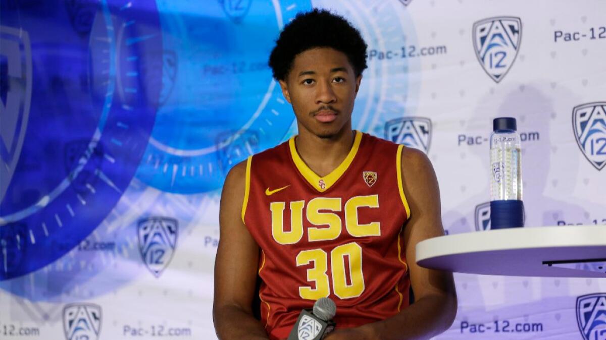 USC guard Elijah Stewart fields questions during Pac-12 media day on Friday.