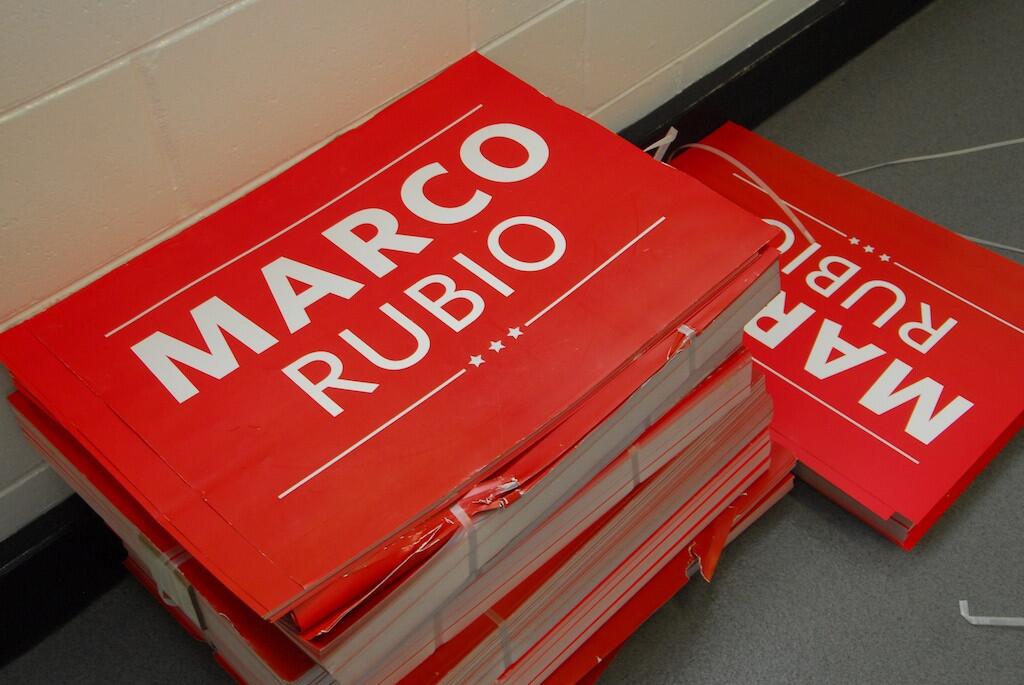 A Marco Rubio campaign sign in the corridors of the Tampa Bay Times Forum on Aug. 29, 2012. Rubio, a U.S. Senator, is running for reelection.