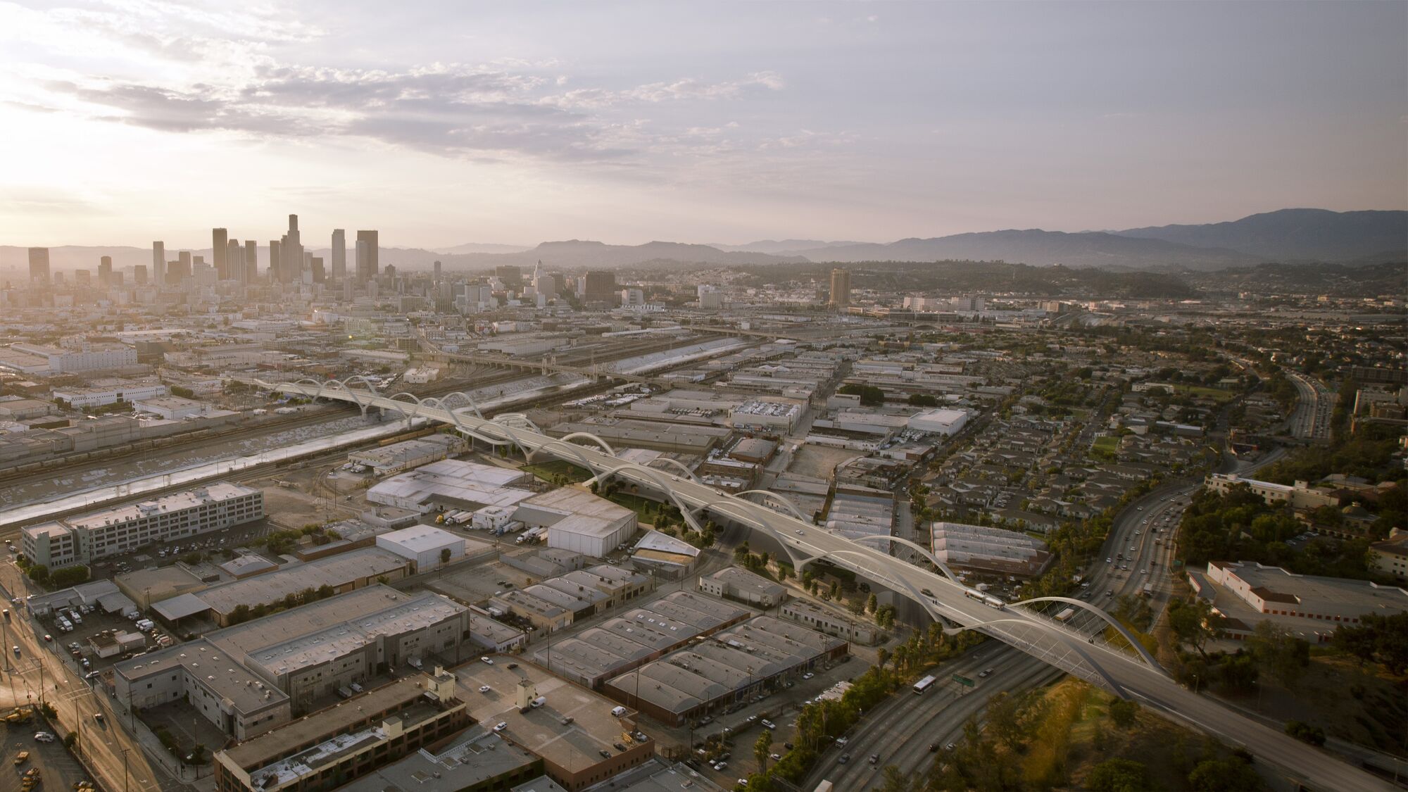 A rendering of the Sixth Street Bridge by Michael Maltzan Architecture. Construction on the bridge, which connects downtown L.A. with Boyle Heights, has continued through the pandemic.