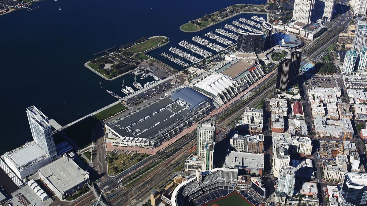 The San Diego Convention Center is surrounded by the Marriott, Manchester Grand Hyatt and Bayfront Hilton.