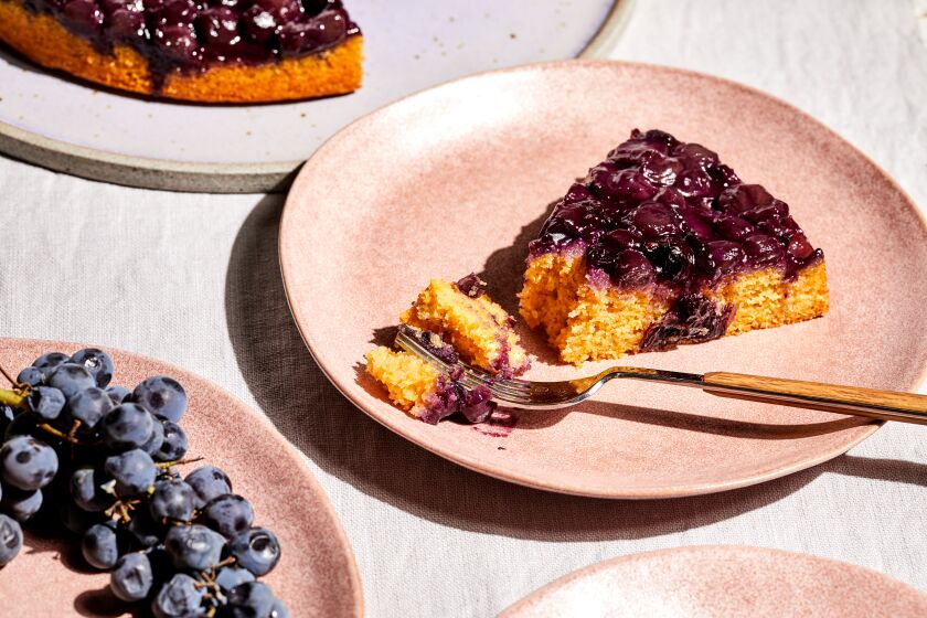 LOS ANGELES, CA - SEPTEMBER 8, 2022: Grape-corn cake, prepared by cooking columnist Ben Mims on September 8, 2022 in the LA Times test kitchen. (Katrina Frederick / For The Times)